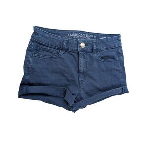 American Eagle Hi-Rise Shortie Shorts Super Stretch Raw Hem Blue Denim Rollable